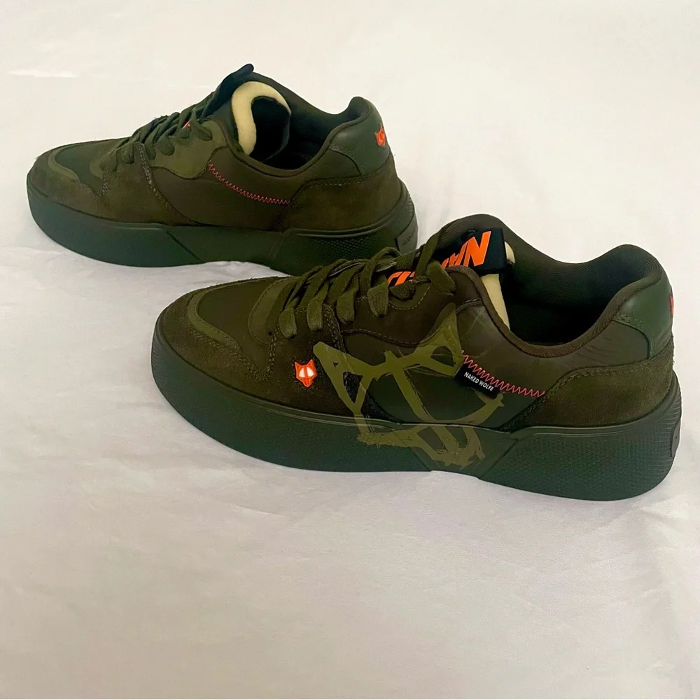 RARE Naked Wolfe Piranha Camo Army Green and Vibrant Orange Contrast Sneakers